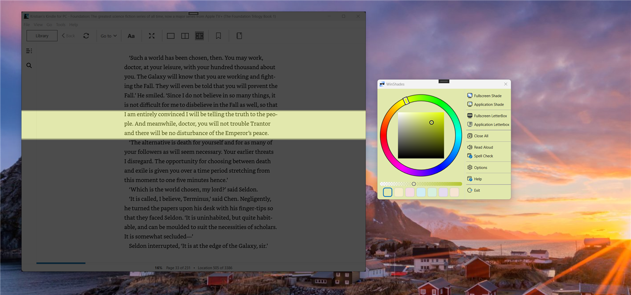 Letterbox mode dimming the page above and below the line being read